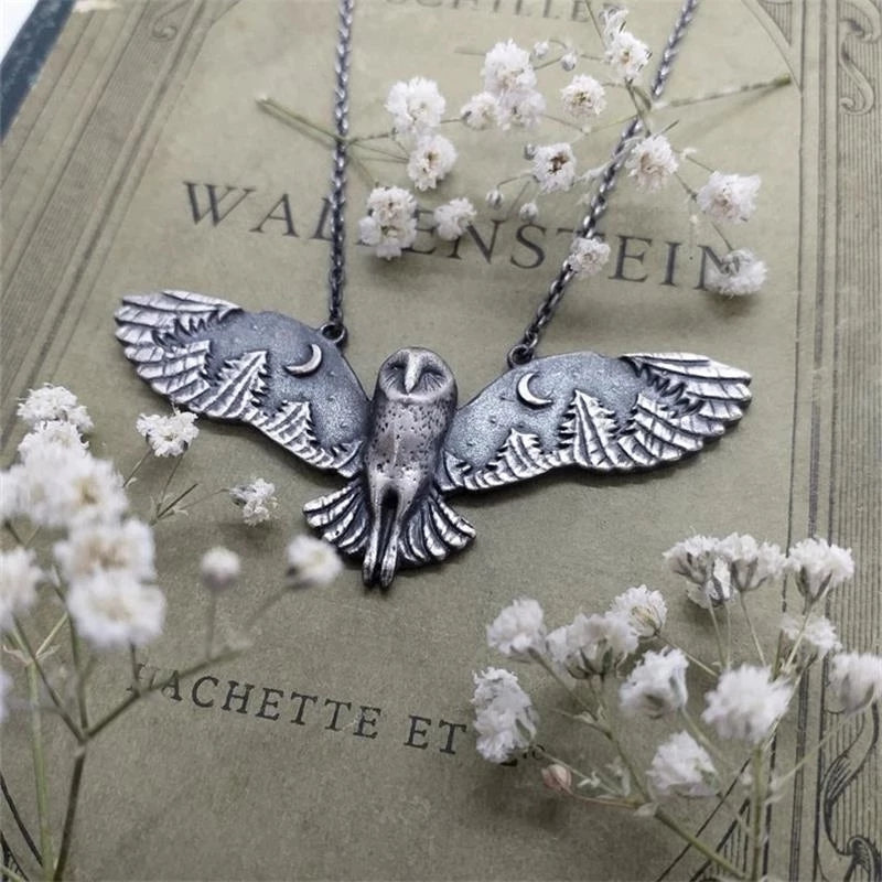 [Vintage Witch Moon Phase Necklace] Vintage Silvery Owl Pendant Necklace Witch Moon Phase Art Necklace Ladies Animal Totem Necklace Jewelry Gift