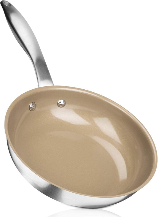 Ceramic Non-Stick Frying Pan, Stainless Steel Induction Frying Pan, 8-Inch Stir Fry Pan with Heavy-Gauge Impact-Bonded Bottom, FUSION Ti
