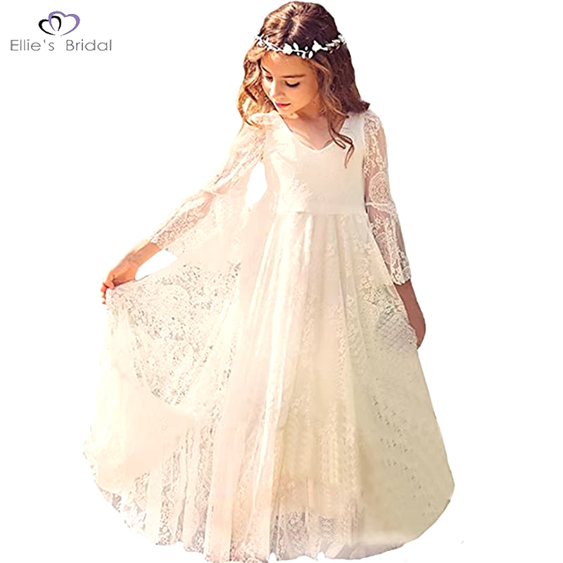 White Lace Dress Girls Flare Full Sleeve Girl Princess Dress Girl Wedding Dress Fancy Party Pageant Formal Dress