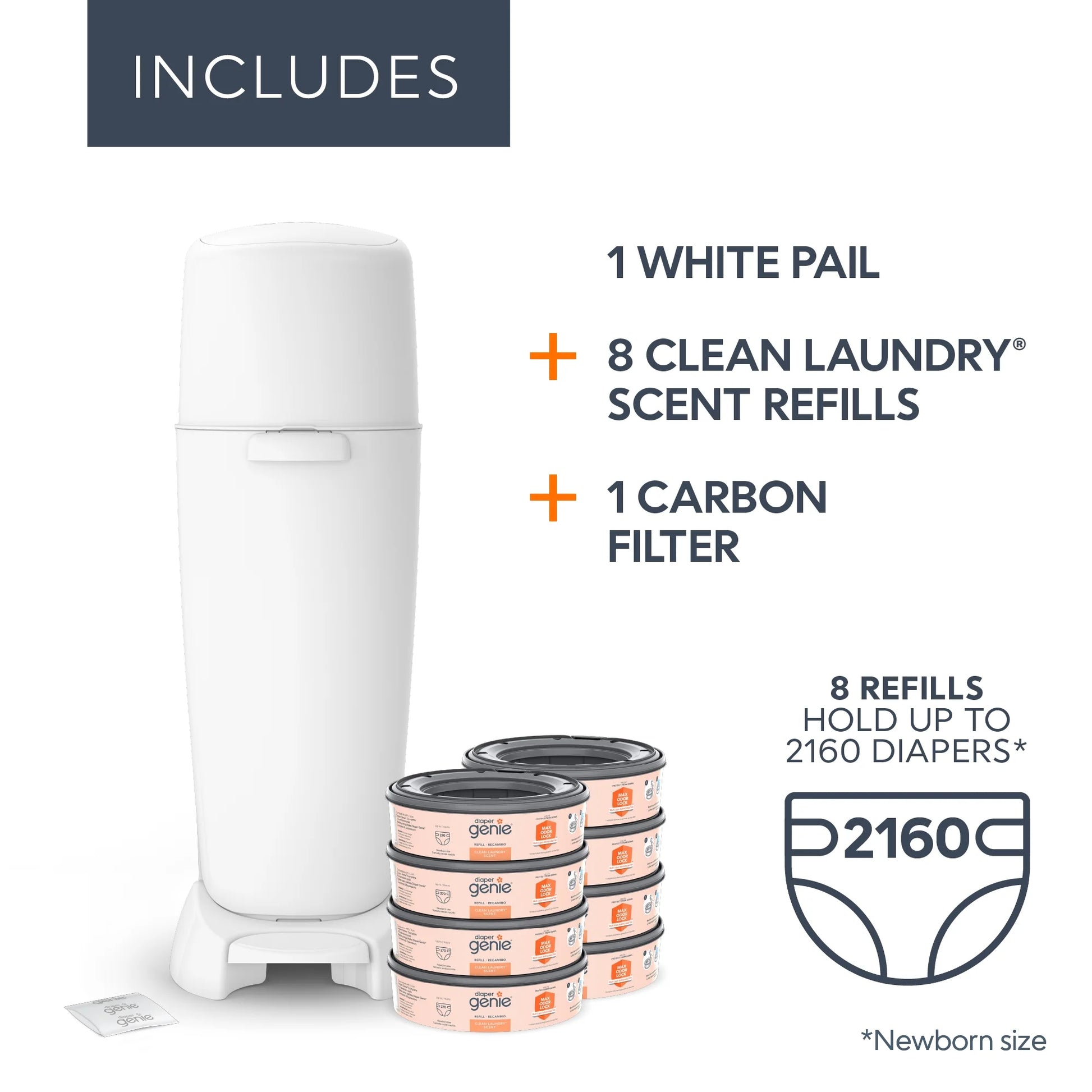 Complete Gift Set,White,1 Diaper Pail,8 Clean Laundry Scent,Round Refills-2160 Ct
