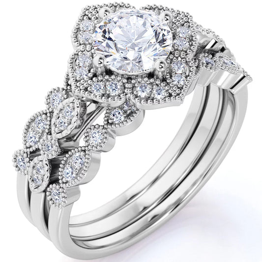 1.75 Carat round Cut Moissanite Trio Set - Bridal Set - Wedding Trio Set - Solitaire Ring - Anniversary Ring - 18K White Gold over Silver