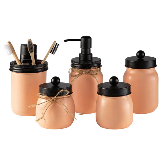 Mason Jar 5-Piece Bathroom Set with Toothbrush Holder, Soap Dispenser, Canister, & 2 Small Jars