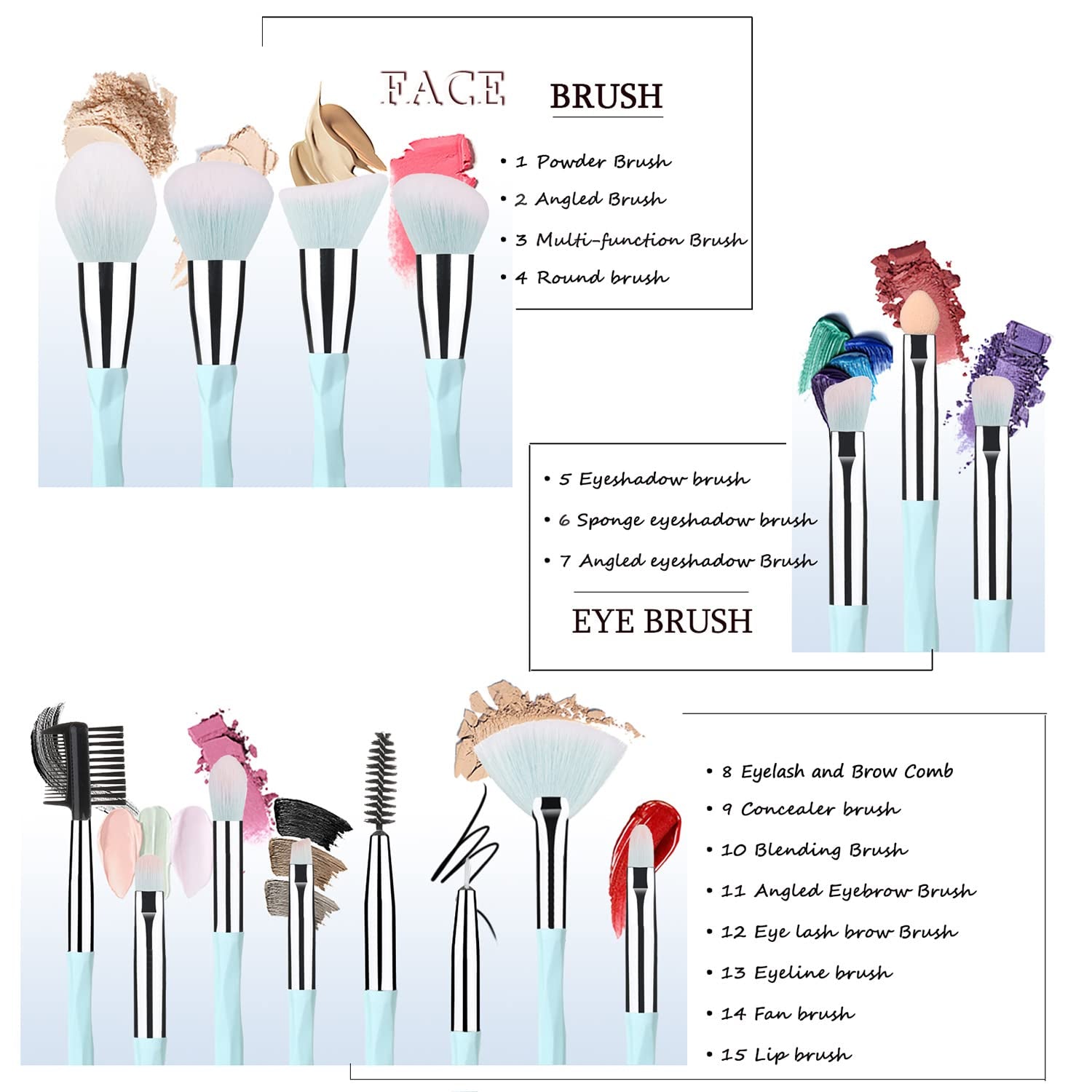 18Pcs Pink Blue Makeup Brush & Sponge Set – Soft Synthetic, Gift for Her