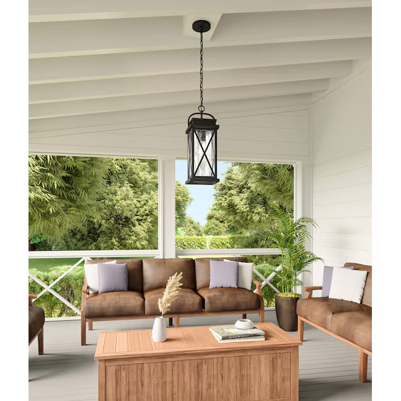 Saint Elias 1 -Light Matte Black Traditional Seeded Glass Lantern Medium Outdoor Hanging Pendant Light
