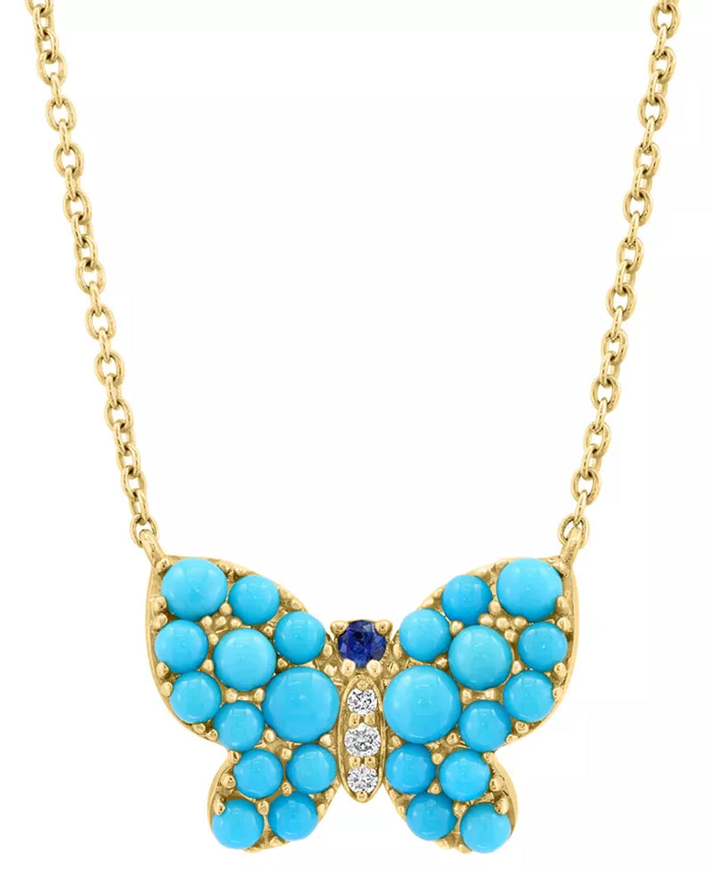 EFFYÂ® Turquoise, Sapphire Accent, & Diamond Accent Butterfly Pendant Necklace in 14K Gold, 17" + 1" Extender