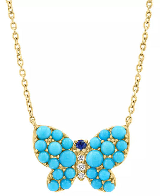 EFFYÂ® Turquoise, Sapphire Accent, & Diamond Accent Butterfly Pendant Necklace in 14K Gold, 17" + 1" Extender