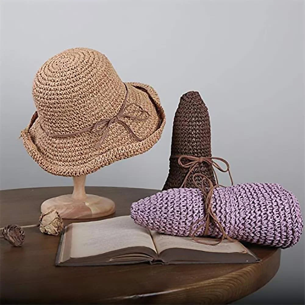 Womens Beach Sun Straw Hat Floppy Straw Sun Hat Travel Foldable Brim Summer Outdoor Sun Visor Hat for Women Girl Summer Outdoor Shade Tied Bow Foldable Hand-Woven,Purple