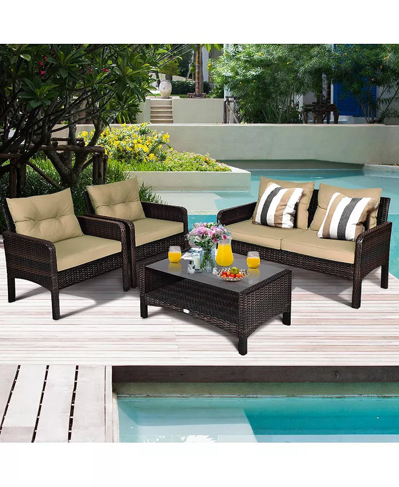 4PCS Patio Rattan Furniture Set Loveseat Sofa Coffee Table Garden