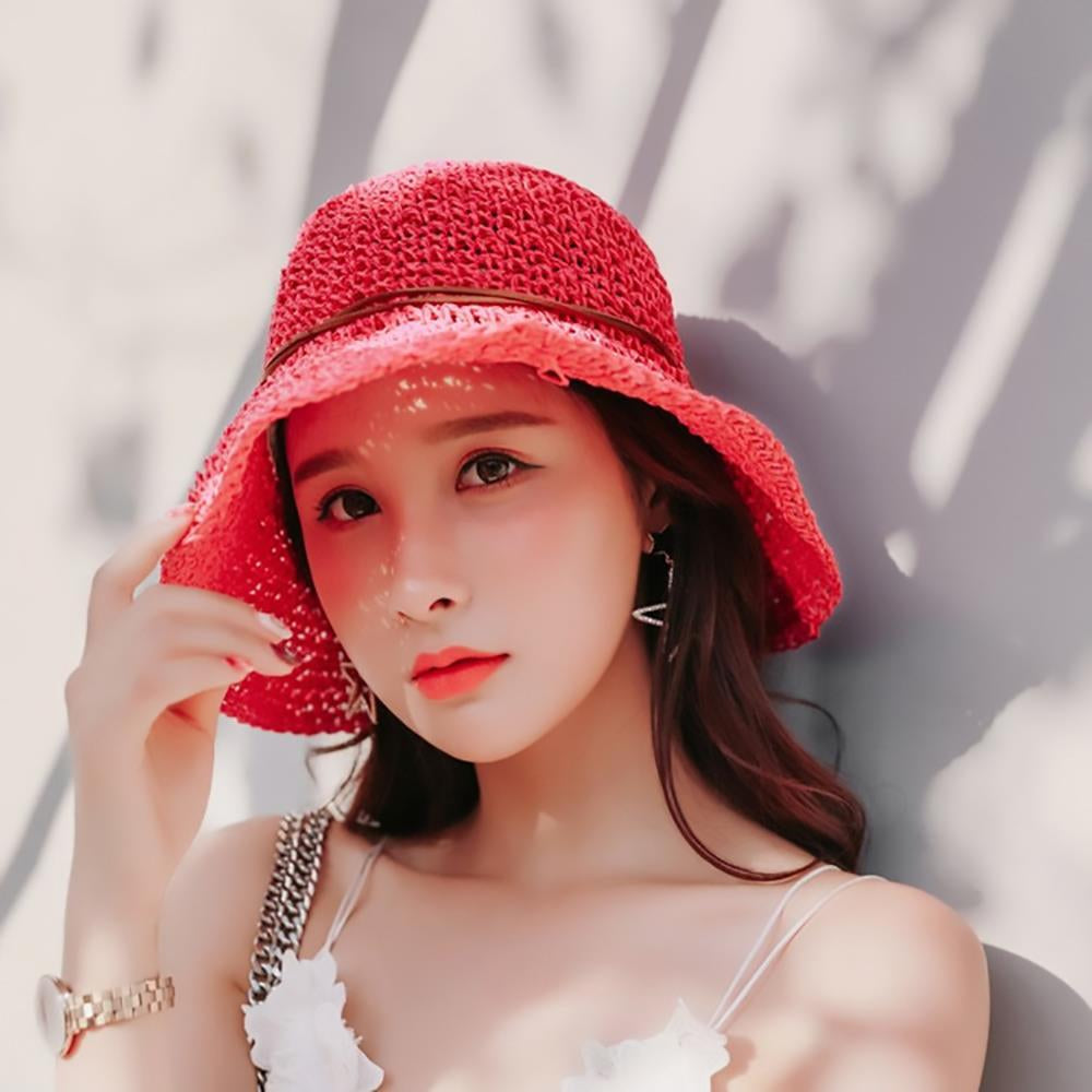 Womens Beach Sun Straw Hat Floppy Straw Sun Hat Travel Foldable Brim Summer Outdoor Sun Visor Hat for Women Girl Summer Outdoor Shade Tied Bow Foldable Hand-Woven,Rose Red