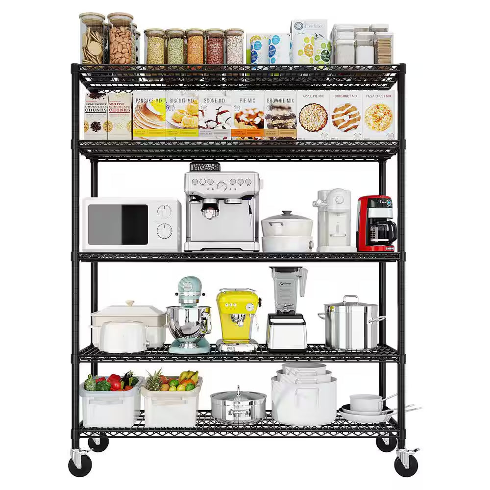 5-Tiers Steel Adjustable Garage Storage Shelving Unit in Black with Wheels (55.12 In. W X 75.59 In. H X 23.62 In. D)