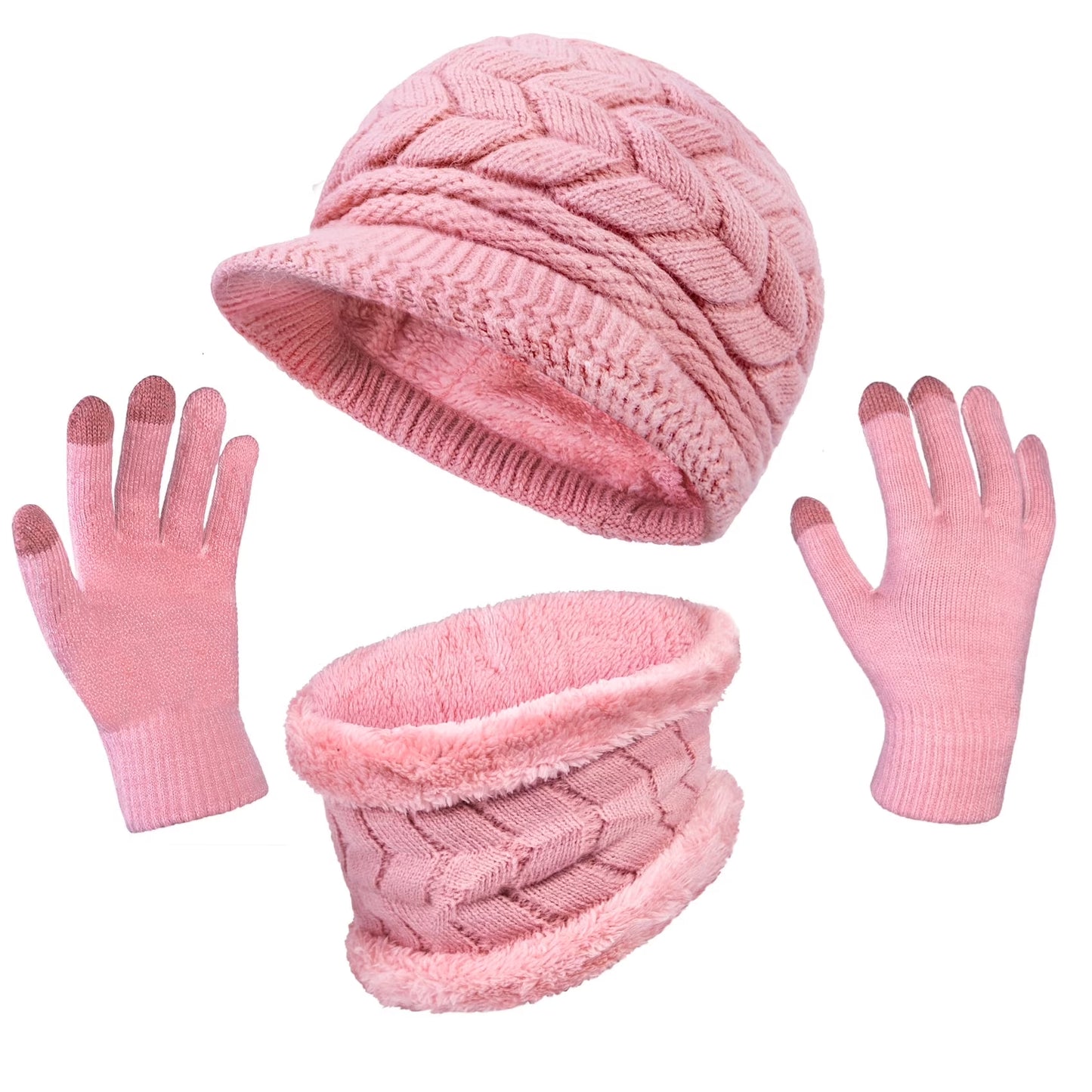 3 Pieces Women Winter Hat Gloves Scarf Set, Knit Beanie Neck Warmer Touch Screen Mittens Pink