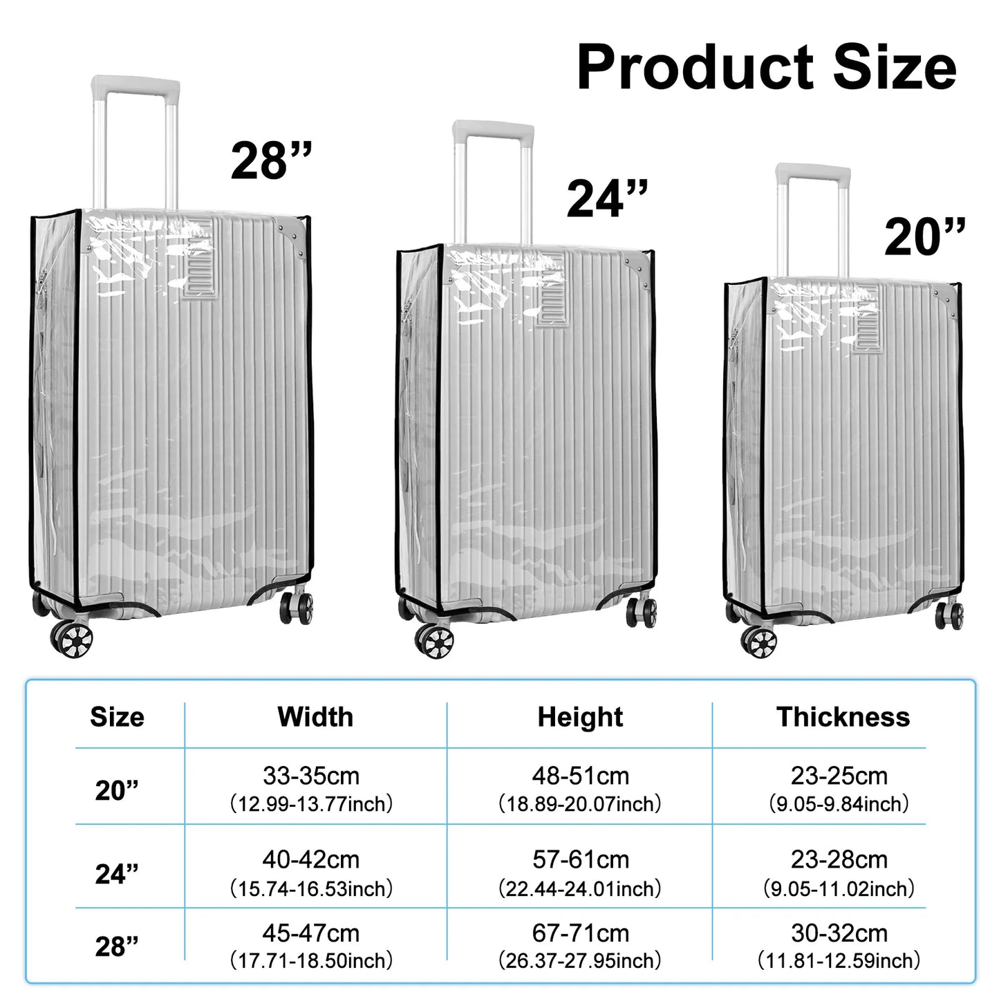 3Pcs/Set Luggage Cover Clear PVC Suitcase Covers Protector Suitcase Cover for 20 24 28 Inch Luggage for Luggage Travelling