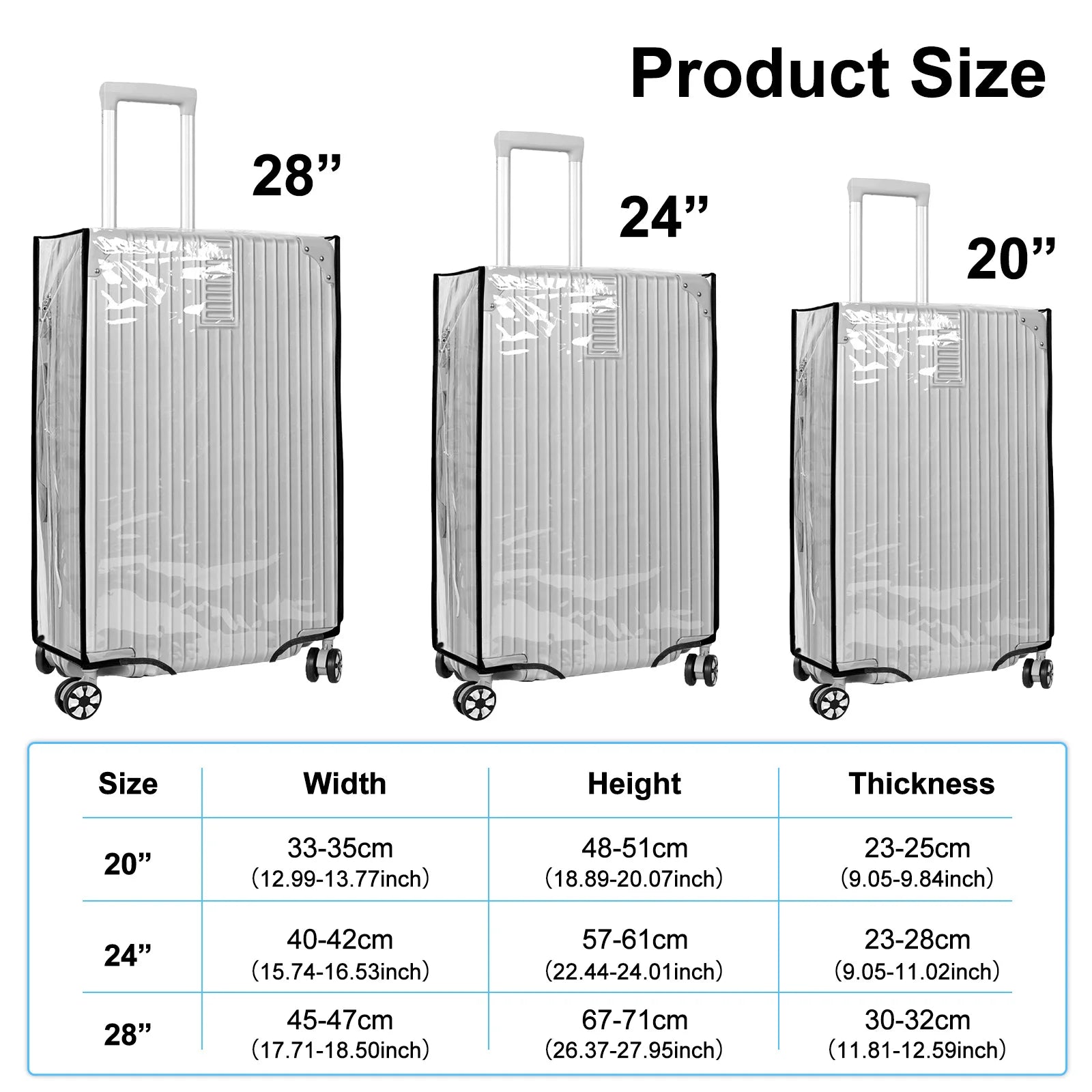 3Pcs/Set Luggage Cover Clear PVC Suitcase Covers Protector Suitcase Cover for 20 24 28 Inch Luggage for Luggage Travelling