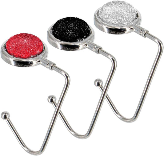 Purse Hook Mental Clutch Holder Handbag Bling Rhinestone Hanger for Table Desk 3 Packs Black White Red