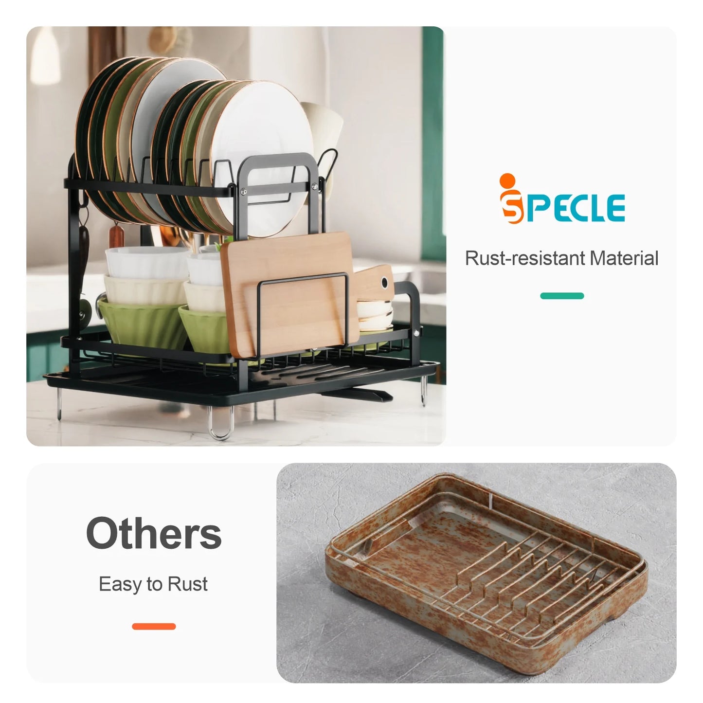 Dish Drying Rack with Drainboard - 2 Tier Dish Rack for Kitchen Counter, Rust-Resistant Dish Drainer with Utensil Holder, Black