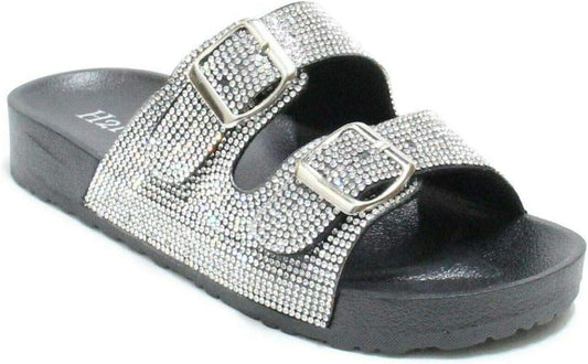 Womens Glitter Double Buckle Adjustable Comfort Slip on Slides Sandals Espen