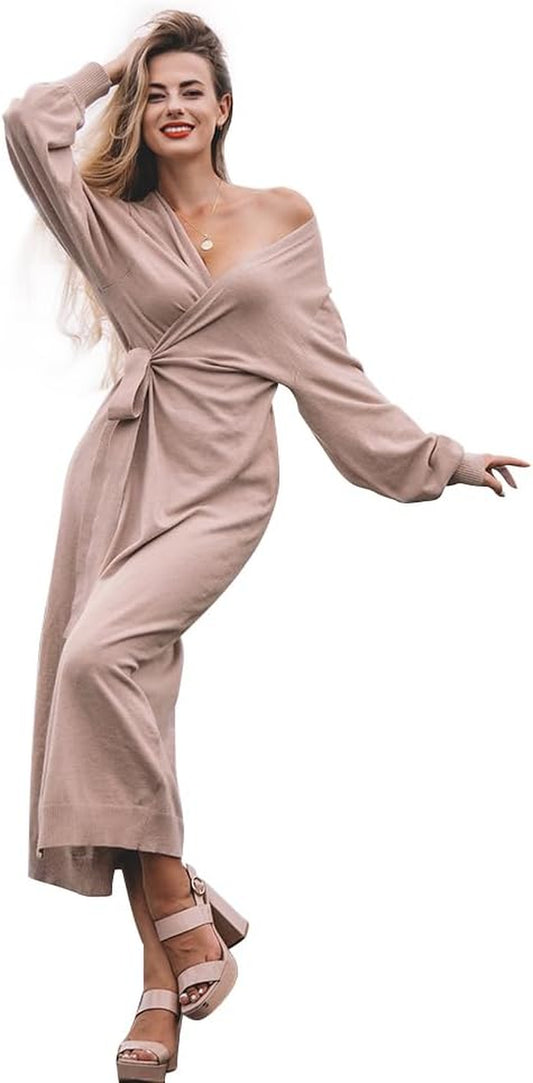 Womens Knit Sweater Dress Casual Solid Long Sleeve Wrap Maxi Dresses with Belt Camel
