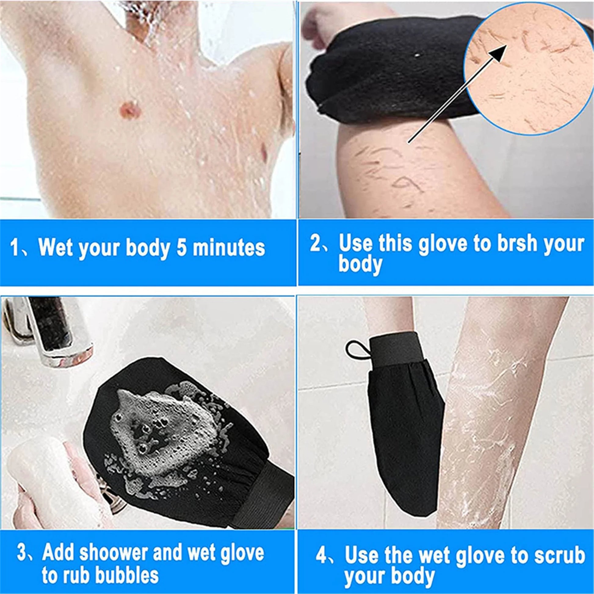 4Pcs Exfoliating Gloves, Shower Scrub Gloves, Deep Body Bath Mitt, Body Scrubber, Blood Circulation, Dead Skin Remover