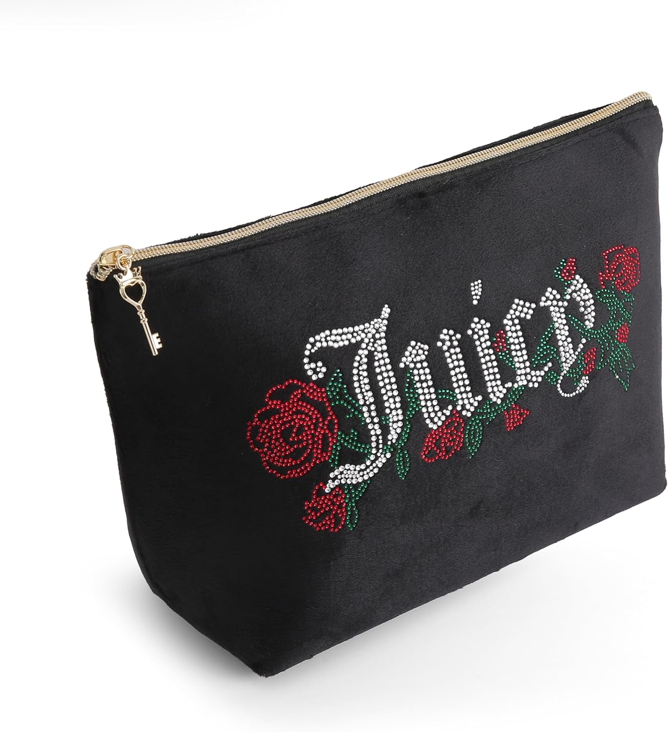 Black Makeup Bag Cosmetics Organizer Travel Essentials Top Zip Pouch Velour Rhinestone Roses