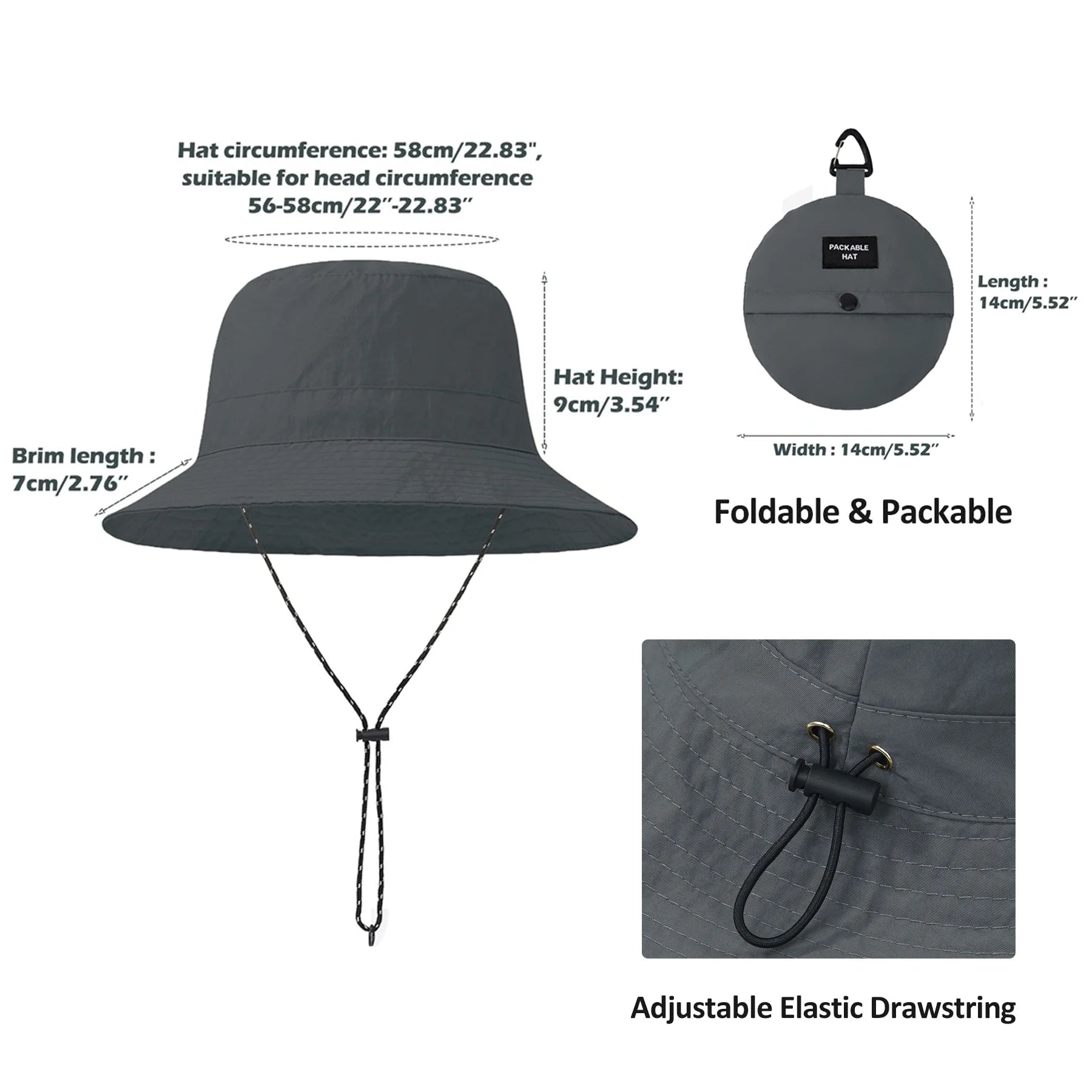 Womens Bucket Hats Packable Foldable Bucket Hats for Men Waterproof Lightweight Fishing Hiking Hat Wide Brim Sun Hats for Women UV Protection Black One Size