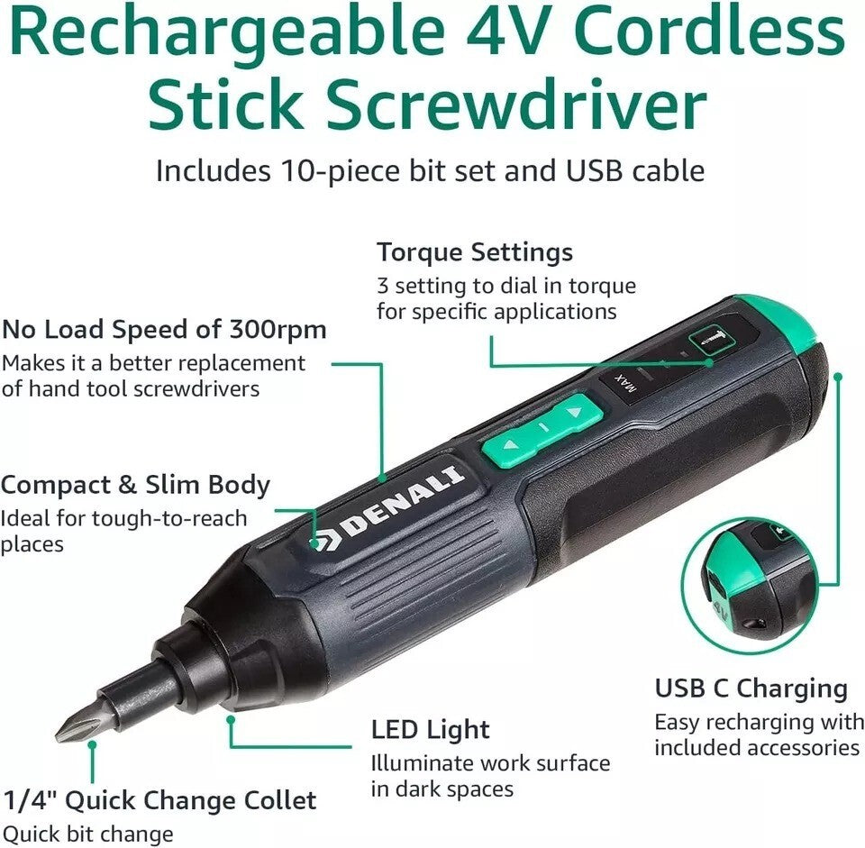 Denali by SKIL 4V Cordless Stick Screwdriver with 10-Piece Bit Set and USB Cable