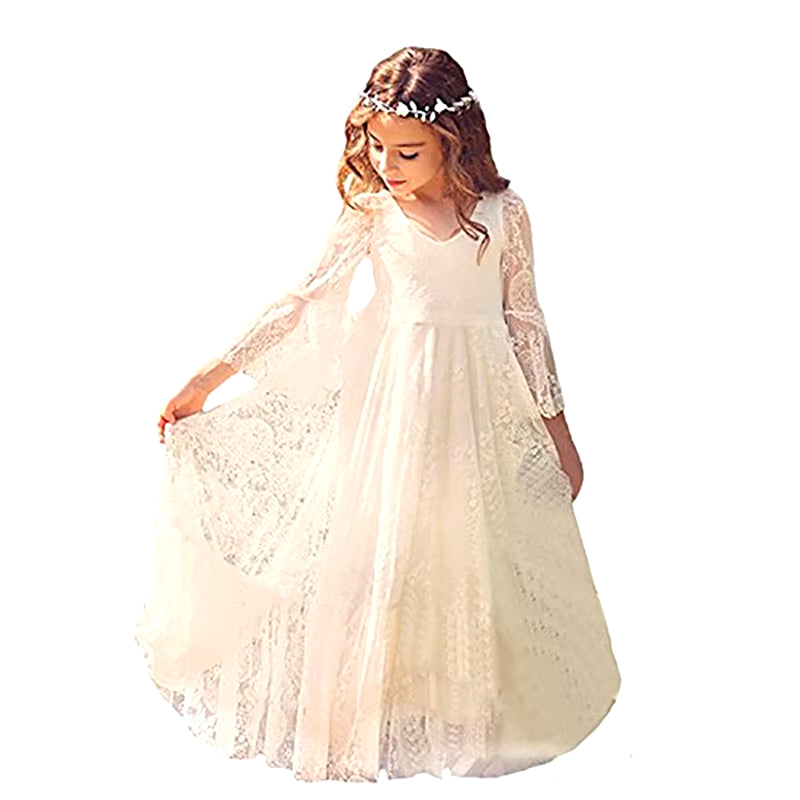 White Lace Dress Girls Flare Full Sleeve Girl Princess Dress Girl Wedding Dress Fancy Party Pageant Formal Dress