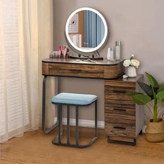 Brown 4 Drawer 31.5 In. Vanity Table Set with 3-Color Lighted Mirror and Charging Station Chest of Drawers