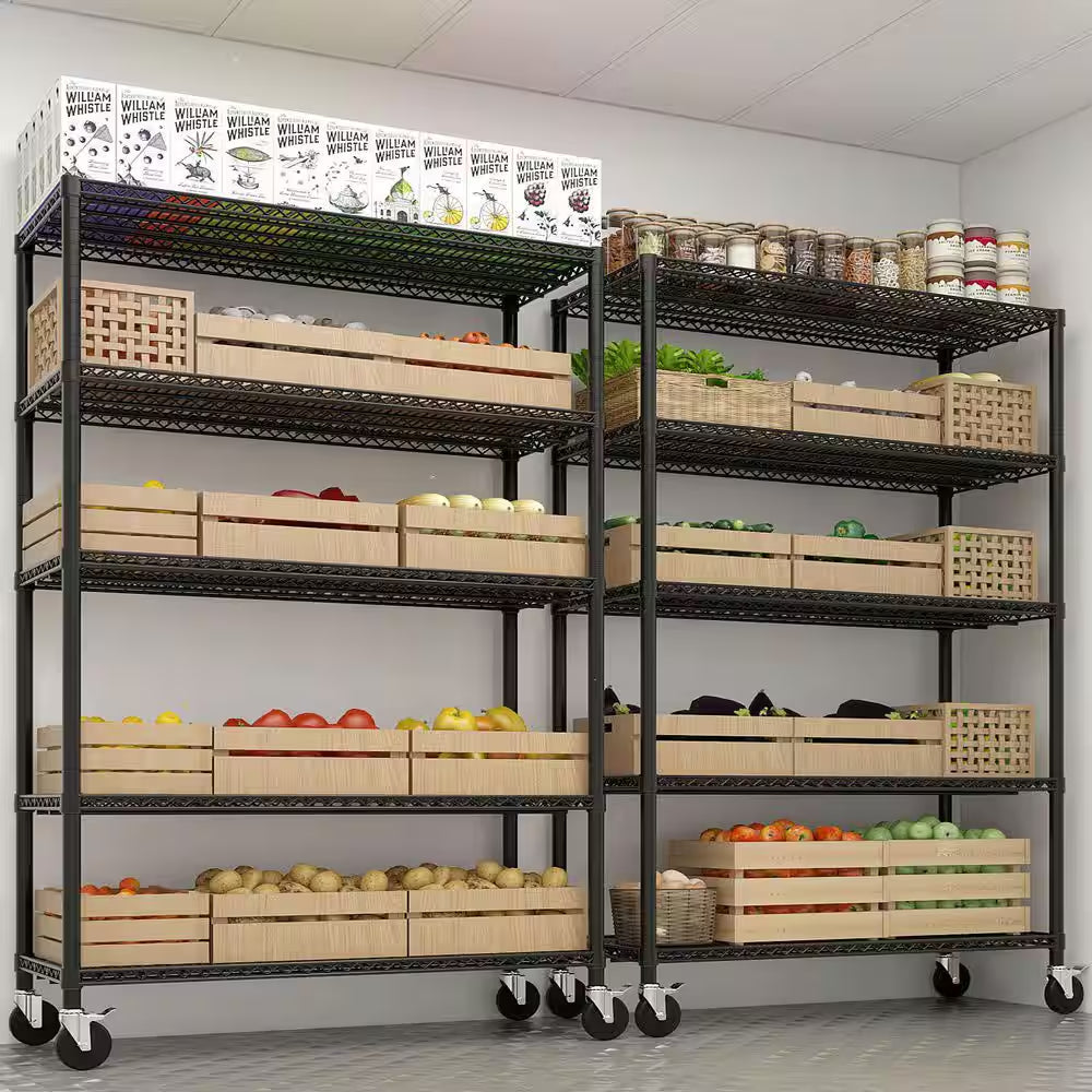 5-Tiers Steel Adjustable Garage Storage Shelving Unit in Black with Wheels (55.12 In. W X 75.59 In. H X 23.62 In. D)
