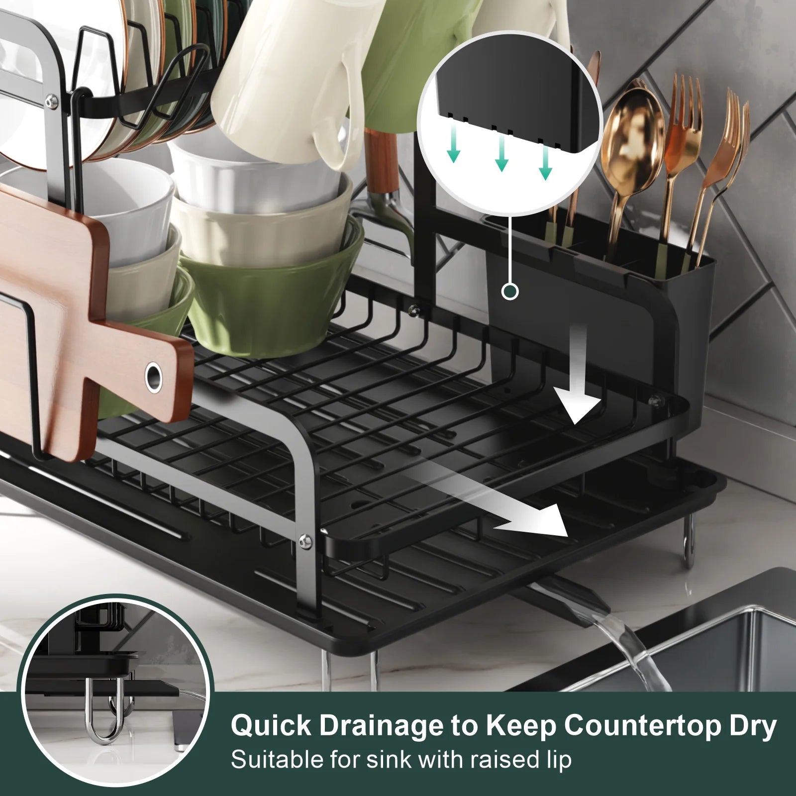 Dish Drying Rack with Drainboard - 2 Tier Dish Rack for Kitchen Counter, Rust-Resistant Dish Drainer with Utensil Holder, Black