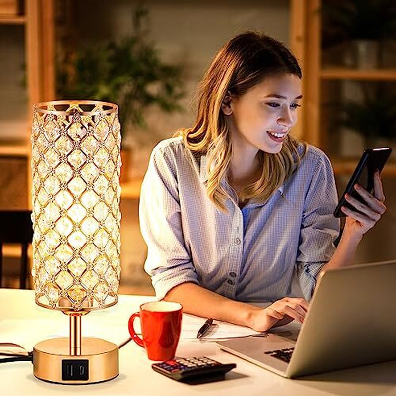 Crystal Table Lamp Lamp for Bedroom with USB-C USB-A USB-C+A Ports Gold