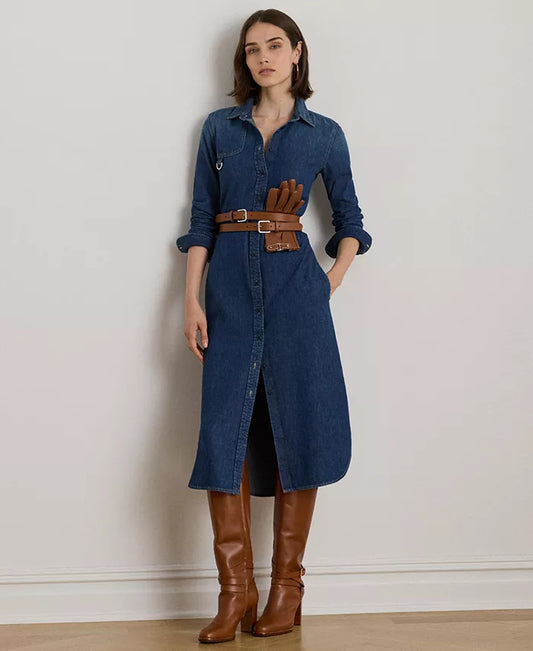Women'S Denim-Lanaine Belted Shirtdress