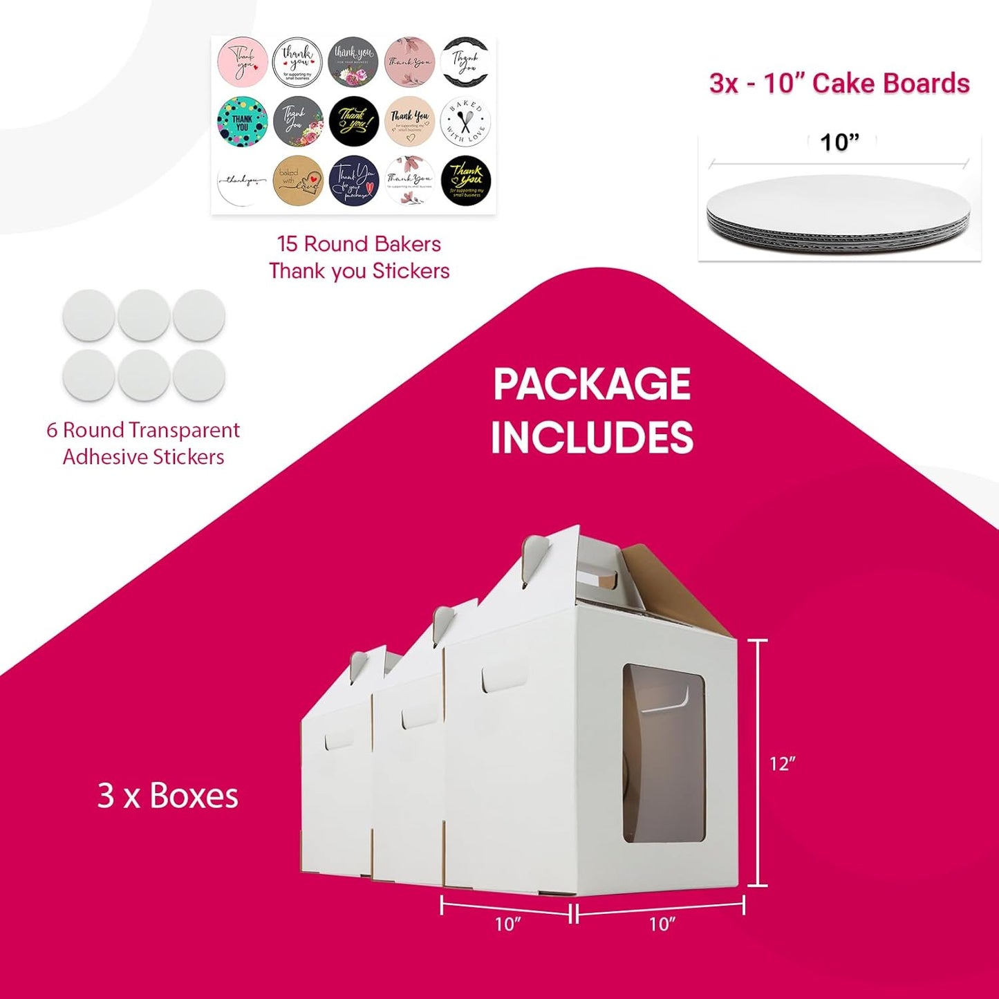 Tri-Handle Tall Cake Boxes with Windows, 3 PCS - 10 X 10 X 12 Inches + 3 - Cake Boards 12", Bakery Caddy Carrier Container with Handle Ideal for 12" Tiered Cakes
