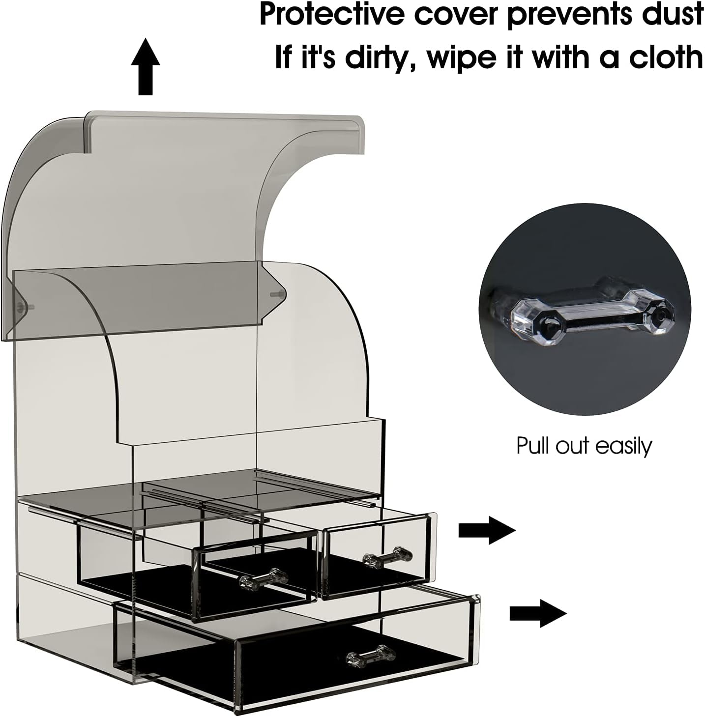 Cosmetic Makeup Organizer, Acrylic Cosmetic Display Cases with Lid for Dustproof Waterproof, Cosmetic Storage Box with 3 Drawers for Makeup Tools, Lipsticks, Perfume, Jewelry (Black Clear)