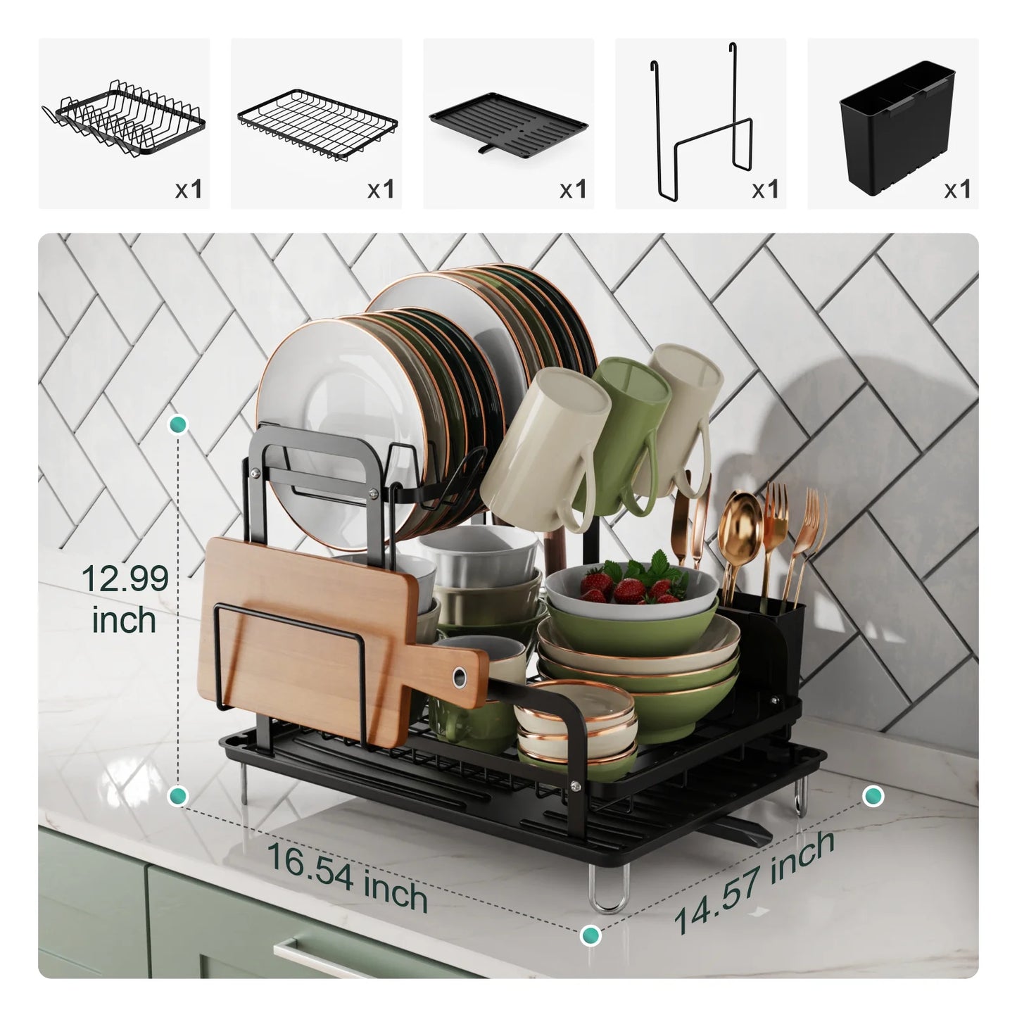 Dish Drying Rack with Drainboard - 2 Tier Dish Rack for Kitchen Counter, Rust-Resistant Dish Drainer with Utensil Holder, Black