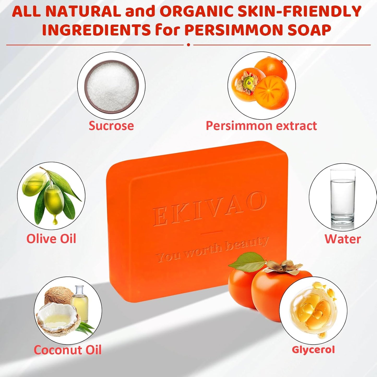 3Pack Natural Persimmon Soap Bar for Body Odor Control, Organic Deodorant Body P