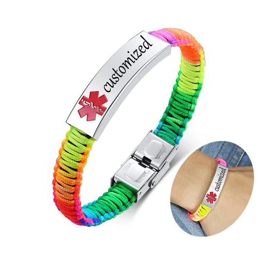Customized Engraving Medical Alert ID Bracelet Women Men Nylon Handmade Braided Awareness Bracelets Rainbow Black Optional