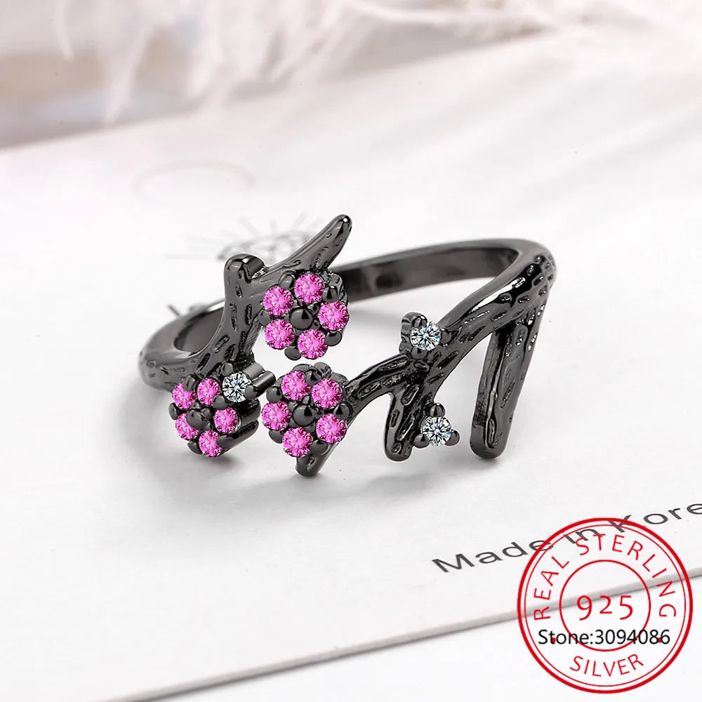 Flower Created Pink Sapphire 925 Sterling Silver Plum Blossom Ring for Women Fashion Gemstone Jewelry Engagement Wedding Gift