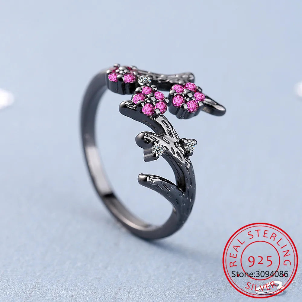 Flower Created Pink Sapphire 925 Sterling Silver Plum Blossom Ring for Women Fashion Gemstone Jewelry Engagement Wedding Gift