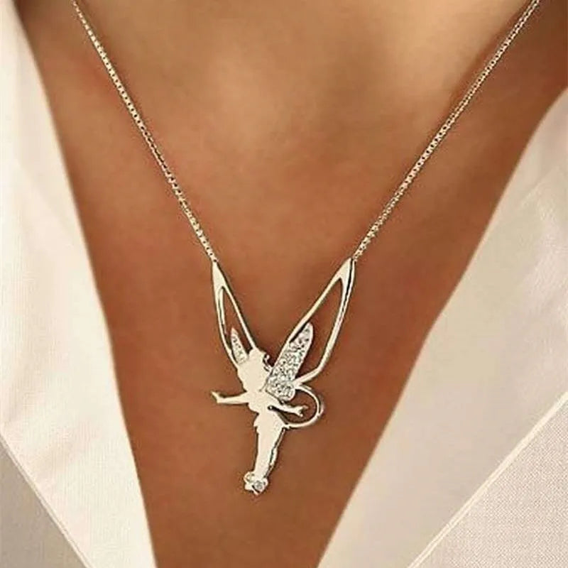 Fashion Women Necklace Flower Fairy Elf Necklace For Women Girl Cute Angel Wings Believe Crystal Pendant Necklaces Jewelry Gift
