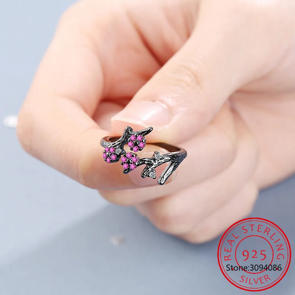 Flower Created Pink Sapphire 925 Sterling Silver Plum Blossom Ring for Women Fashion Gemstone Jewelry Engagement Wedding Gift