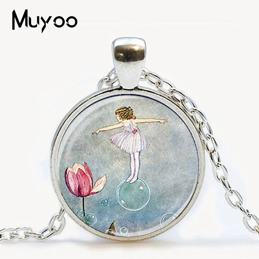 Fairy pendant  necklace girl on bubble picture glass cabochon pendant necklace Mermaid Fashion chain neckless women jewelry
