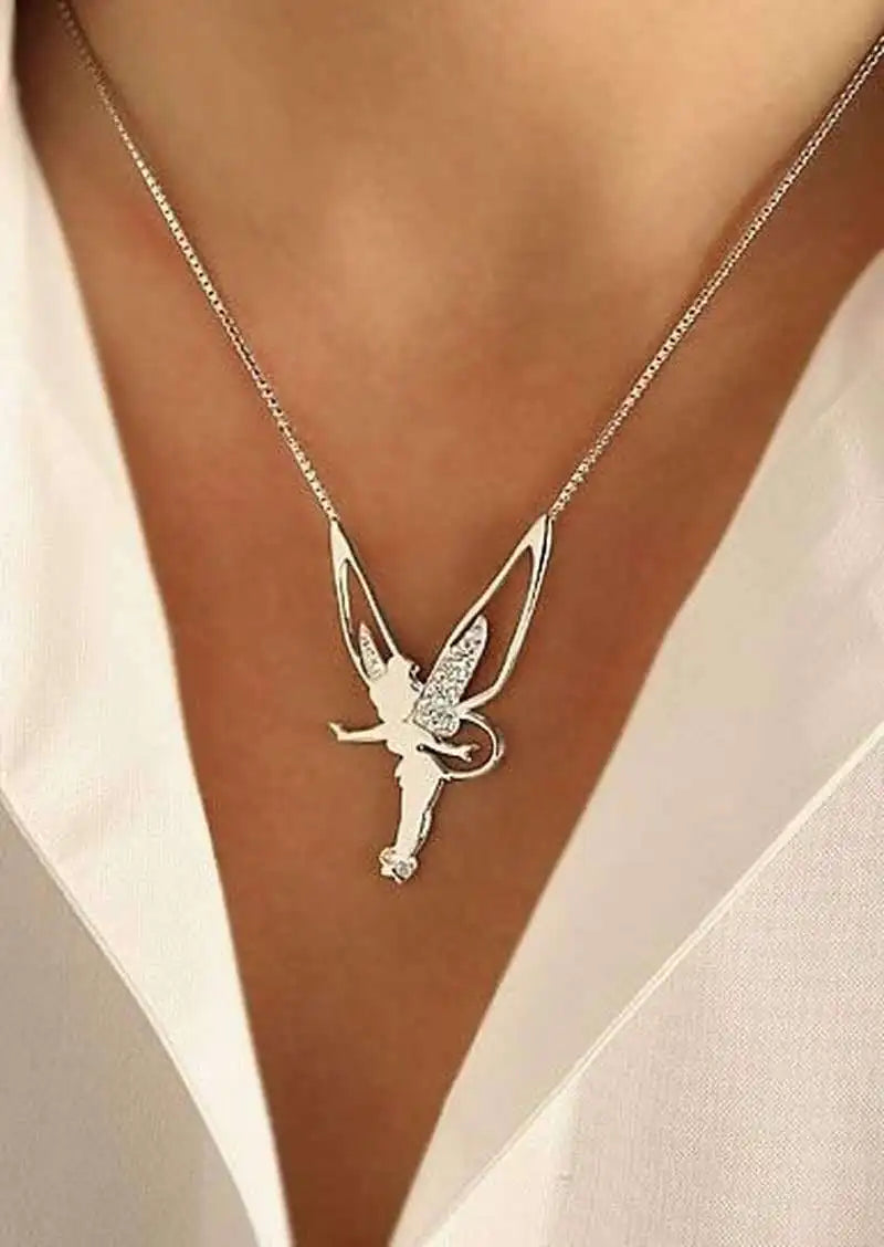 Fashion Women Necklace Flower Fairy Elf Necklace For Women Girl Cute Angel Wings Believe Crystal Pendant Necklaces Jewelry Gift