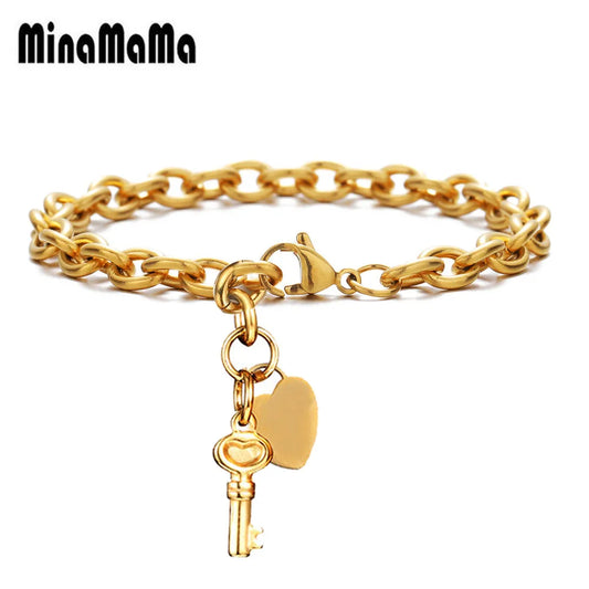 Trendy Stainless Steel Bracelets With Hearts Charm Bracelets New Fashion Key Jewelry Gifts