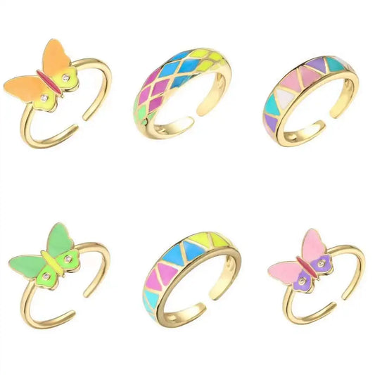Butterfly Rainbow Rings,Sweet Trendy Geometric Square Dripping Oil Ring for Women
