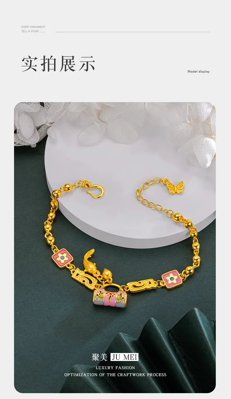 24K AU999 Gold 'Blossom Lock & Koi' Bracelet for Women - Floral Lock with Leaping Koi, High-Purity Gold, Lucky & Elegant