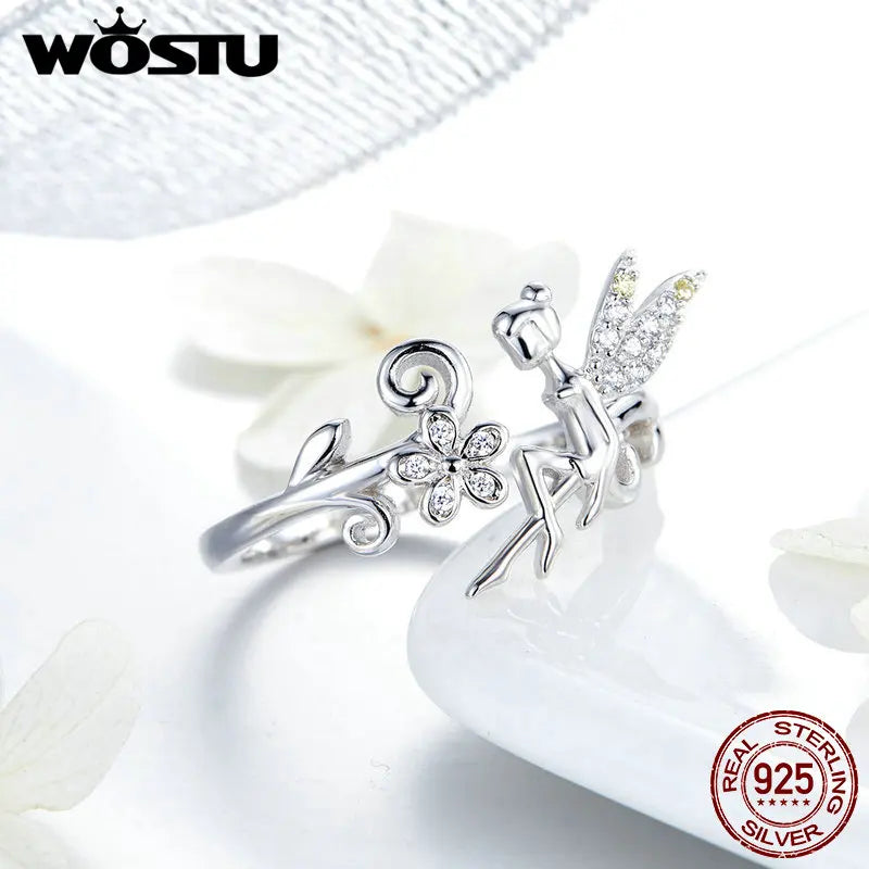 WOSTU 2019 New Design 925 Sterling Silver Flower Fairy Elf Ring Finger Adjustable Size Wedding Rings For Women Jewelry CTR025