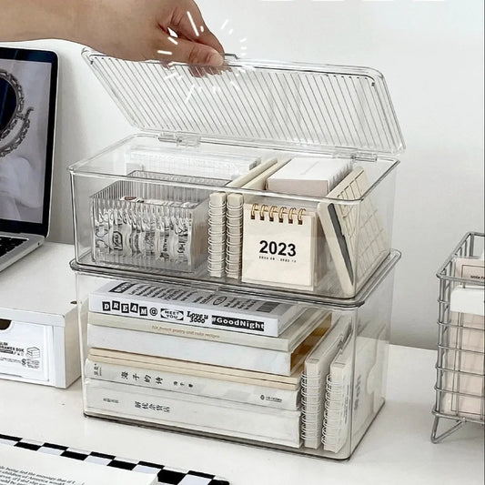 Desktop Storage Box Large Capacity with Lid Cosmetic Organizer Box Transparent Office Supplies Book Document Storage Box