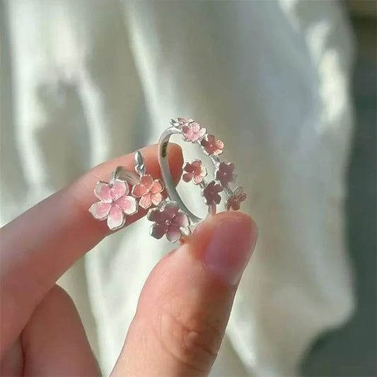 Flower Ring for Women with Niche Design Pink Peach Blossom Index Finger Ring Fresh Sweet Gradient Flower Opening Finger Ring