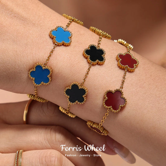Fashion Five Petals Beautiful Bracelet for Women No Rusted Gold Plated Stainless Steel Agate Bangle Charm Luxury Jewelry Gift