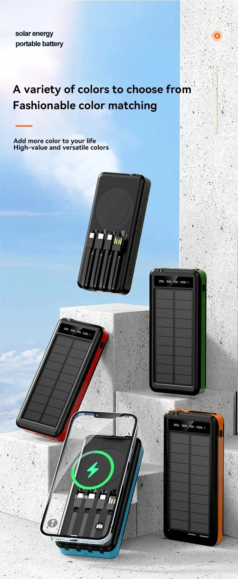 ONEPLUS 50000mAh Solar Power Bank Wireless Fast Charging Battery Large Capacity Mobile Power Dual USB 4 Cables For iPhone Samsun